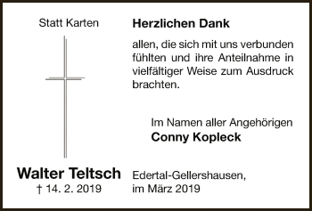 Traueranzeige von Walter Teltsch von WLZ