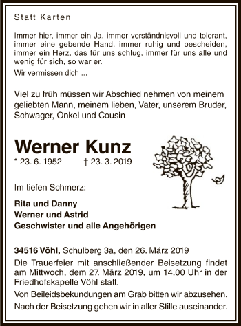 Traueranzeige von Werner Kunz von WLZ