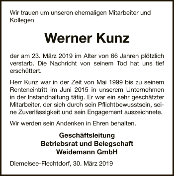 Traueranzeige von Werner Kunz von WLZ