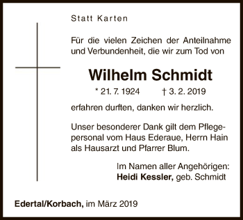 Traueranzeige von Wilhelm Schmidt von WLZ