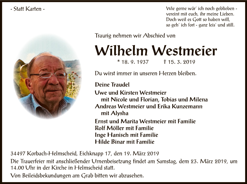  Traueranzeige für Wilhelm Westmeier vom 19.03.2019 aus WLZ