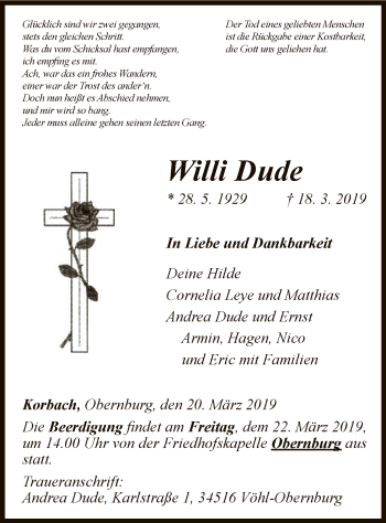 Traueranzeige von Willi Dude von WLZ