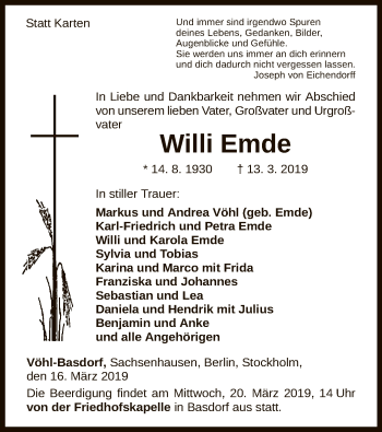 Traueranzeige von Willi Emde von WLZ