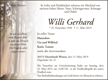 Traueranzeige von Willi Gerhard von WLZ