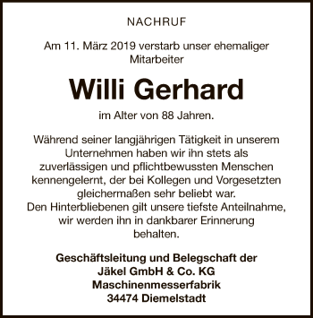 Traueranzeige von Willi Gerhard von WLZ