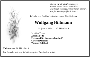 Traueranzeige von Wolfgang Hillmann von WLZ