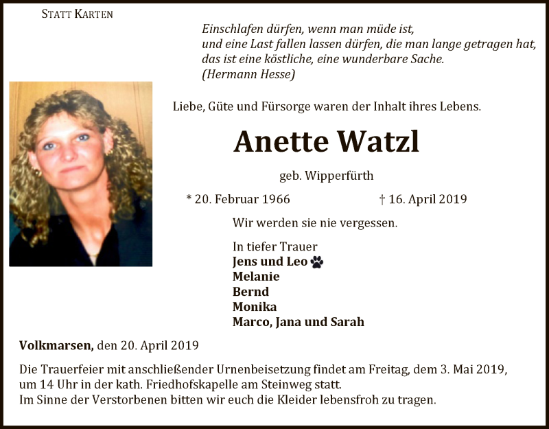  Traueranzeige für Anette Watzl vom 20.04.2019 aus WLZ