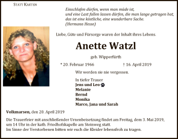 Traueranzeige von Anette Watzl von WLZ
