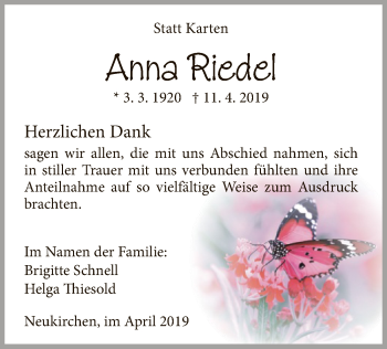 Traueranzeige von Anna Riedel von WLZ