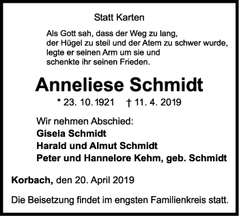 Traueranzeige von Anneliese Schmidt von WLZ