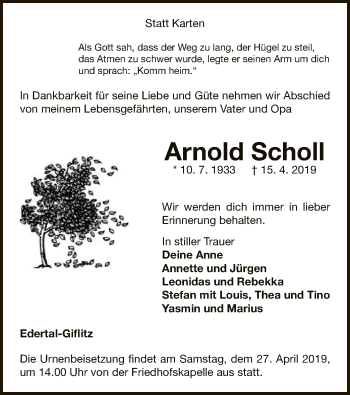 Traueranzeige von Arnold Scholl von WLZ