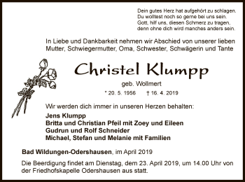 Traueranzeige von Christel Klumpp von WLZ