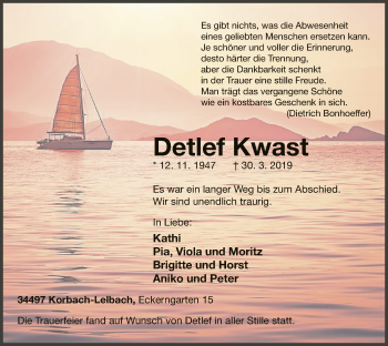 Traueranzeige von Detlef Kwast von WLZ