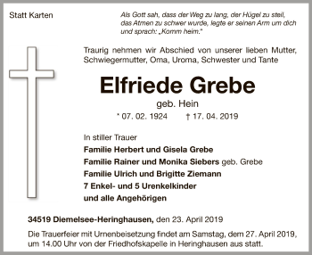 Traueranzeige von Elfriede Grebe von WLZ