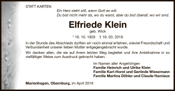 Traueranzeige von Elfriede Klein von WLZ