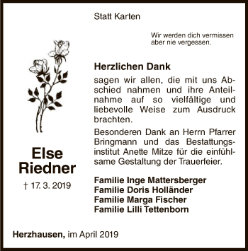 Traueranzeige von Else Riedner von WLZ