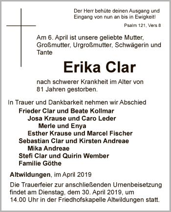 Traueranzeige von Erika Clar von WLZ