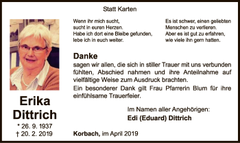 Traueranzeige von Erika Dittrich von WLZ