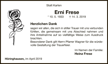 Traueranzeige von Erni Frese von WLZ