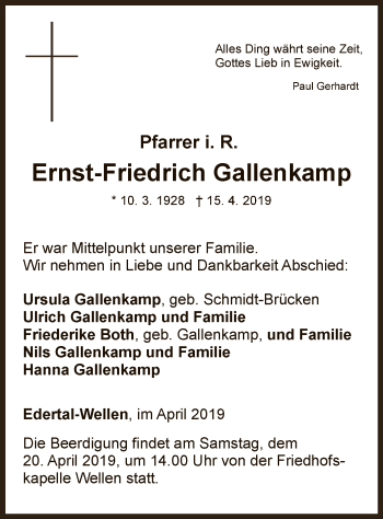 Traueranzeige von Ernst-Friedrich Gallenkamp von WLZ