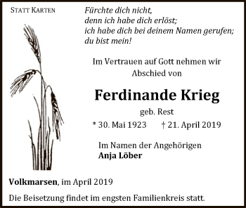 Traueranzeige von Ferdinande Krieg von WLZ