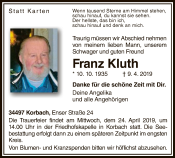 Traueranzeige von Franz Kluth von WLZ