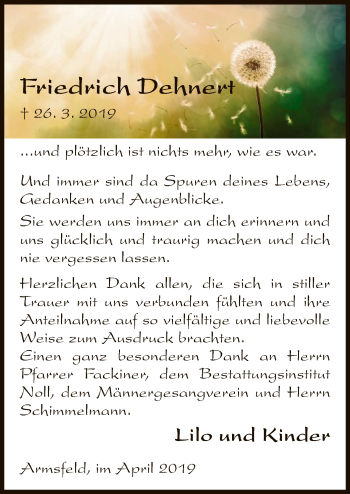 Traueranzeige von Friedrich Dehnert von WLZ