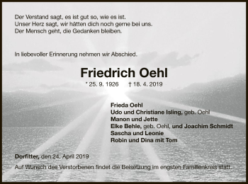 Traueranzeige von Friedrich Oehl von WLZ