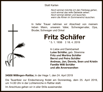 Traueranzeige von Fritz Schäfer von WLZ