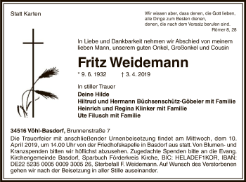 Traueranzeige von Fritz Weidemann von WLZ