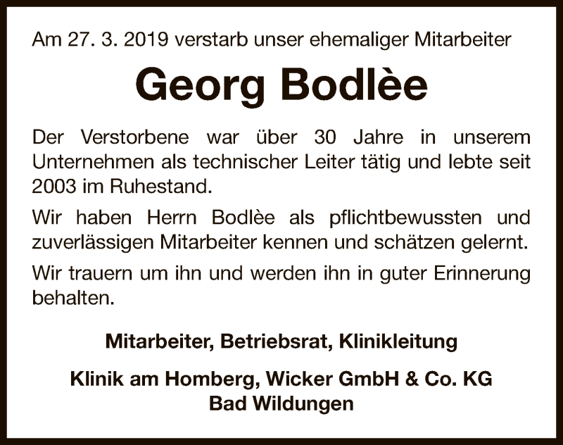  Traueranzeige für Georg Bodlée vom 27.04.2019 aus WLZ