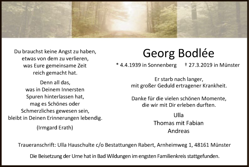  Traueranzeige für Georg Bodlée vom 13.04.2019 aus WLZ