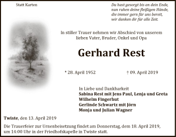 Traueranzeige von Gerhard Rest von WLZ