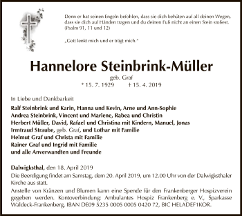 Traueranzeige von Hannelore Steinbrink-Müller von WLZ