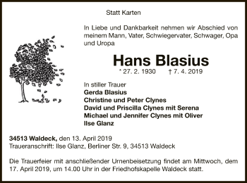 Traueranzeige von Hans Blasius von WLZ