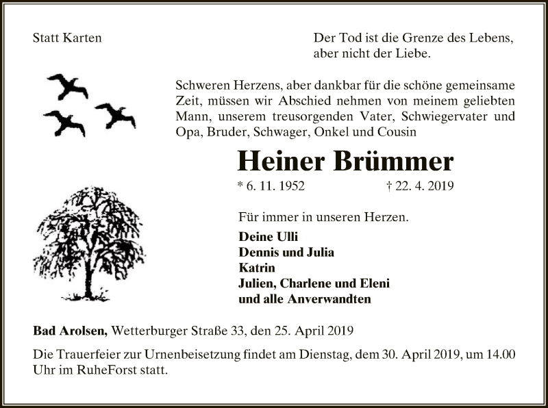  Traueranzeige für Heiner Brümmer vom 25.04.2019 aus WLZ