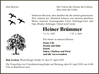 Traueranzeige von Heiner Brümmer von WLZ