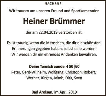 Traueranzeige von Heiner Brümmer von WLZ