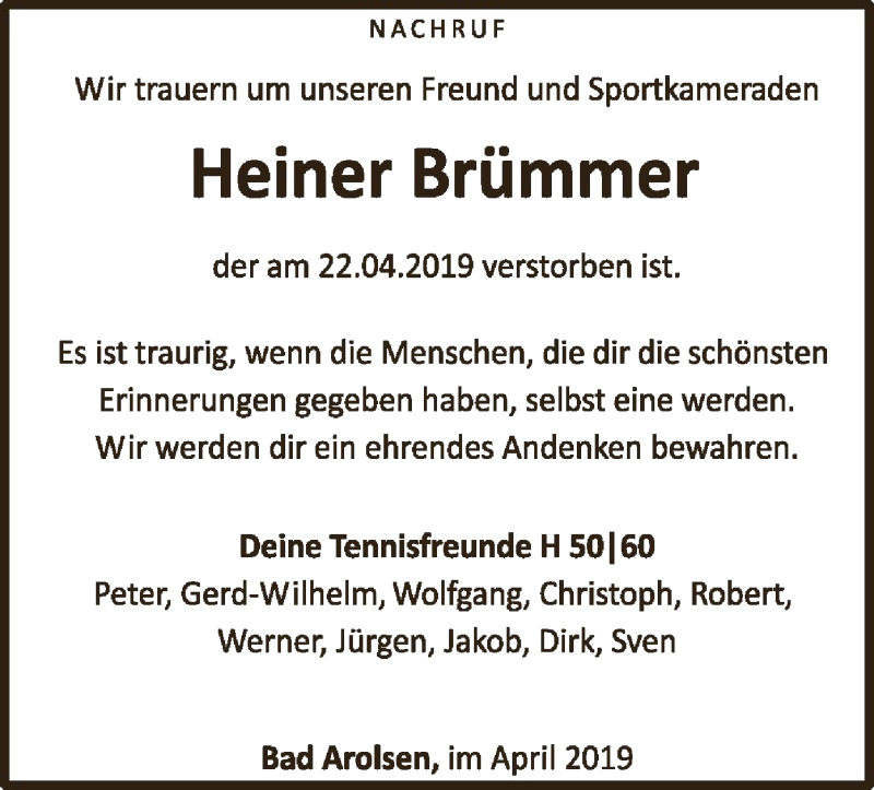  Traueranzeige für Heiner Brümmer vom 30.04.2019 aus WLZ