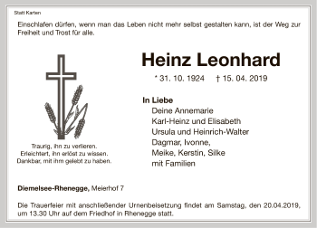 Traueranzeige von Heinz Leonhard von WLZ