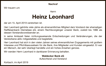 Traueranzeige von Heinz Leonhard von WLZ