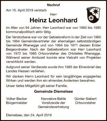 Traueranzeige von Heinz Leonhard von WLZ