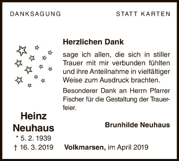 Traueranzeige von Heinz Neuhaus von WLZ