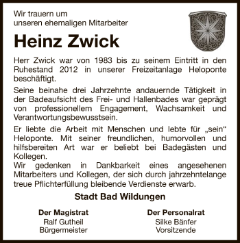 Traueranzeige von Heinz Zwick von WLZ