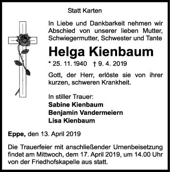 Traueranzeige von Helga Kienbaum von WLZ