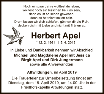 Traueranzeige von Herbert Apel von WLZ