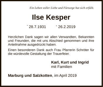 Traueranzeige von Ilse Kesper von WLZ