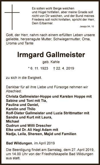 Traueranzeige von Irmgard Gallmeister von WLZ