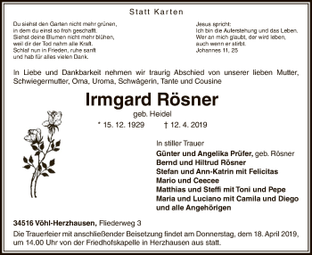 Traueranzeige von Irmgard Rösner von WLZ