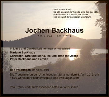 Traueranzeige von Jochen Backhaus von WLZ